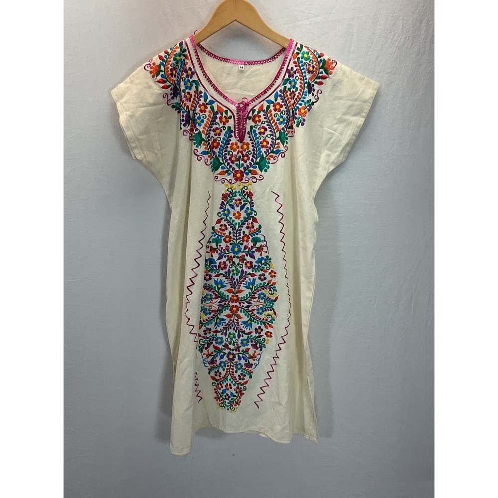 Mexican Colorful Embroidered Tunic Coverup Mini Dress Size M Tie Back/Neck